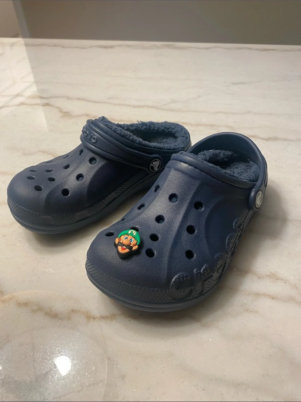 CROCS Navy Blue Fuzzy-Lined Kids Clogs with Character Charm